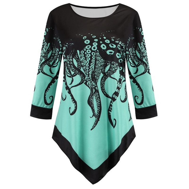 

2020 Autumn 5XL Top Plus Size Women Print Blouse Shirt O-Neck 3/4 Sleeve Irregular Hem Casual Loose Ladies Shirts Female Tops, 424521 purple