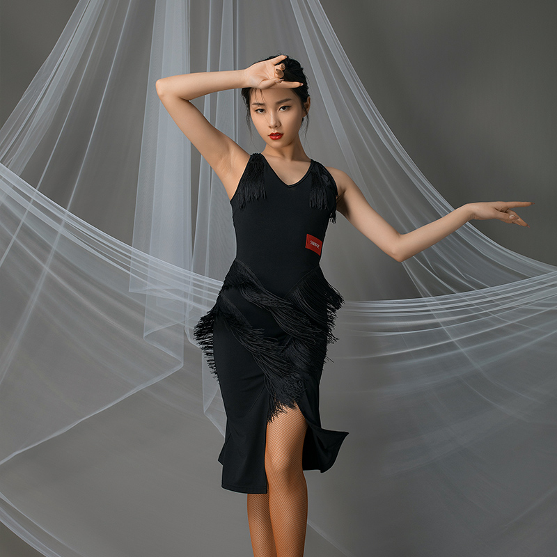 

New Latin Dance Tassel Dress Female Adult Summer Sexy Performance Latin Dance Competition Costumes Rumba Practice Clothes VO977, Black