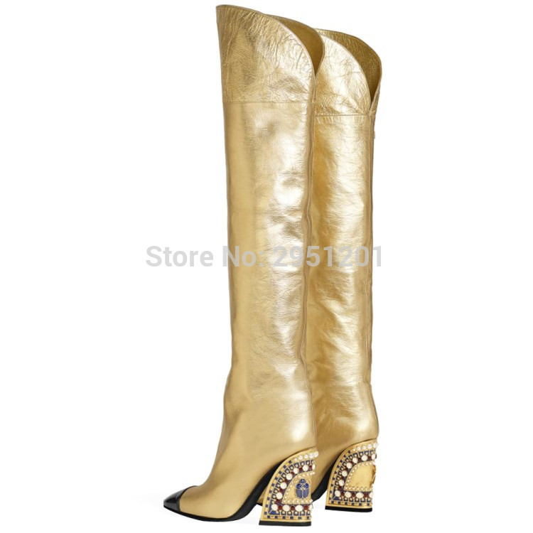

Luxury Wedge Boots Gold High Heel Boot Woman Knee Winter Fur Boots Ladies High Heel Shoes Women Shoe Diamond Pearl, As pic 3 no fur
