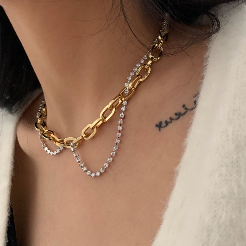

AOMU Punk Hip-Hop Hit Color Double-Layer Chain Necklace Love Heart Chocker Metal Crystal Buckle Necklace for Women Party Bar