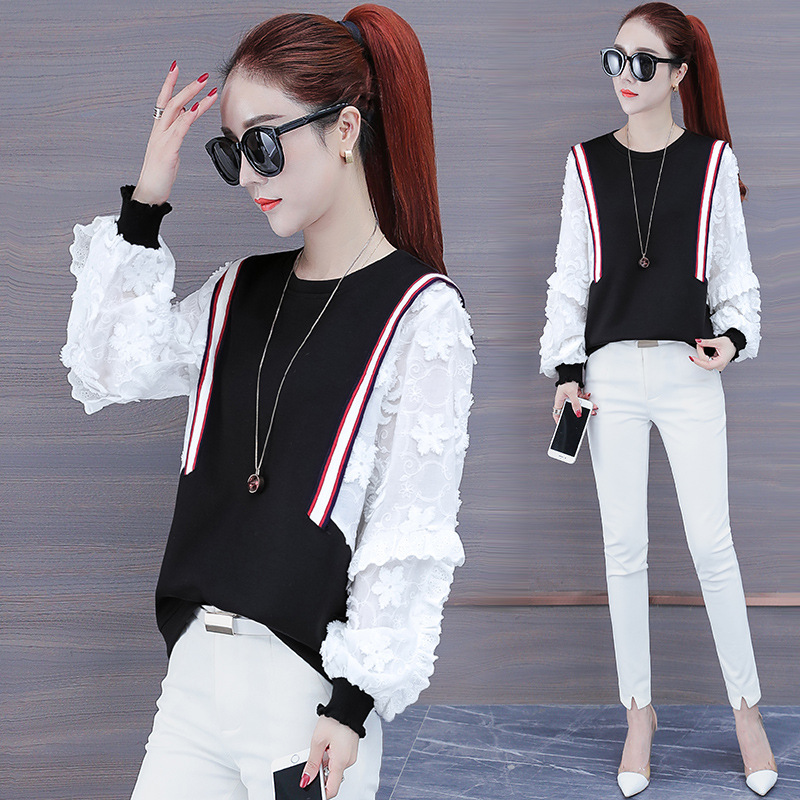 

2020 Spring Autumn Zhuang Kuan Korean-Style Slimming Cover Belly Womens Joint Hoodie Loose-Fit Laziness Chiffon /40, 2000555 black background red stripes