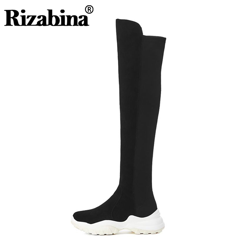 

RizaBina Slim Over The Knee Boots For Women Real Leather Thigh High Boots Thick Bottom Comfortable Women Footwear Size 34-40, Black