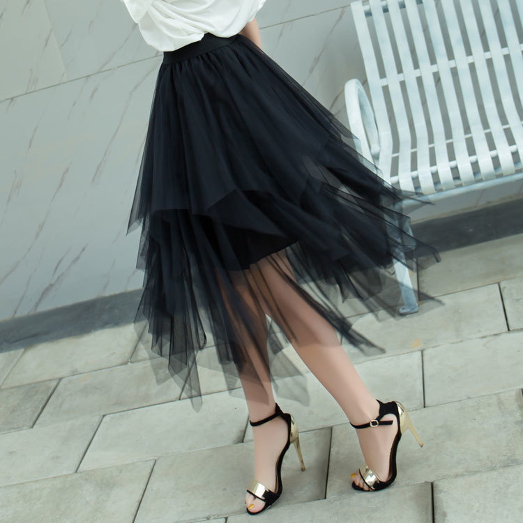

New style irregular mesh stitching skirt for autumn and winter, high waist and thin solid color mid-length skirt, Black