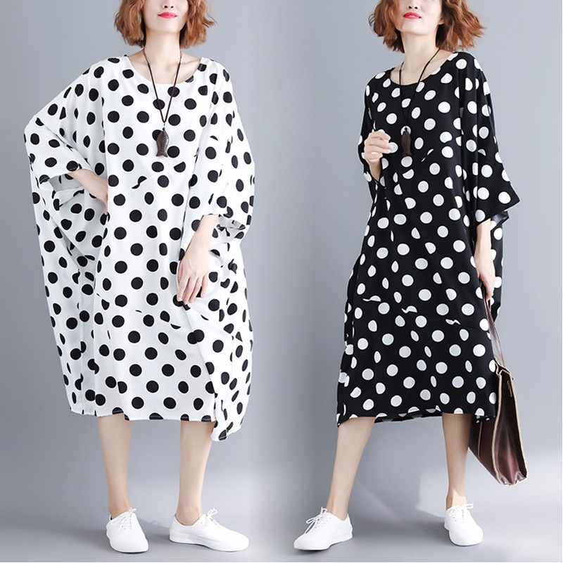 

Large Size Dresses Summer 2020 Batwing Midi Ladies Dresses Polka Dot European Fashion T Shirt Loose Casual Dress Kaftan 4797