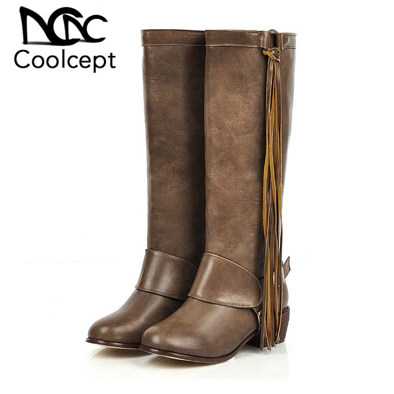 

CoolCept Plus Size 34-48 Ladies Knee High Boots Winter Tassels Zipper Fashion Classics Shoes Woman Retro Long Boots Footwear, Black