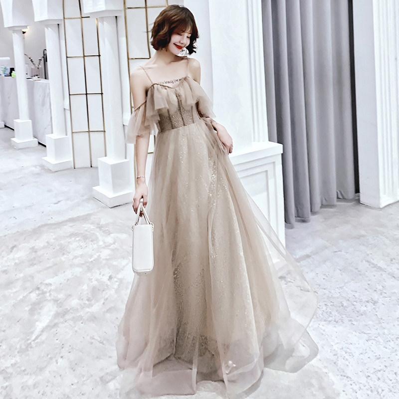 

Exquisite Khaki Spaghetti Sexy A-Line Evening Party Dress Sequins Formal Exquisite Dress Women Full Length Prom Gown