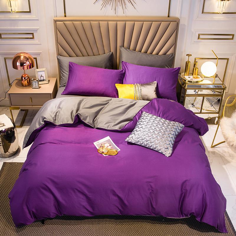 

45 Ultra Soft 100%Cotton 4Pcs Bedding Comforter Cover Bed Sheet Set Purple Gray Black Reversible Duvet Cover, Color 2