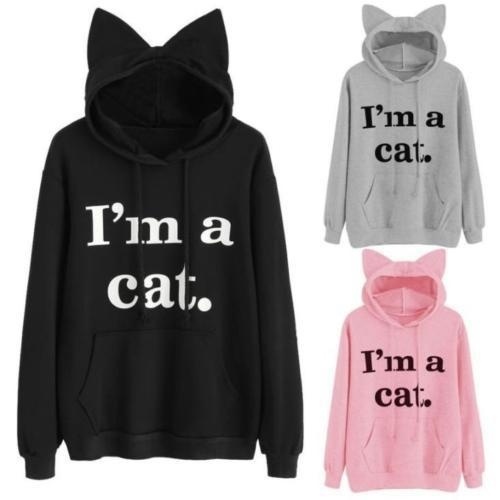 

Womens Cat Long Sleeve Hoodie Sweatshirt Hooded Pullover Tops Blouse Christmas
