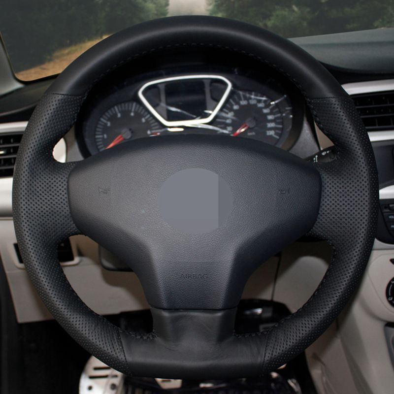 DIY Hand-stitched Black Soft PU Leather Car Steering Wheel Covers Wrap for Citroen Elysee C-Elysee 2014 New Elysee Peugeot 301-image-570373704