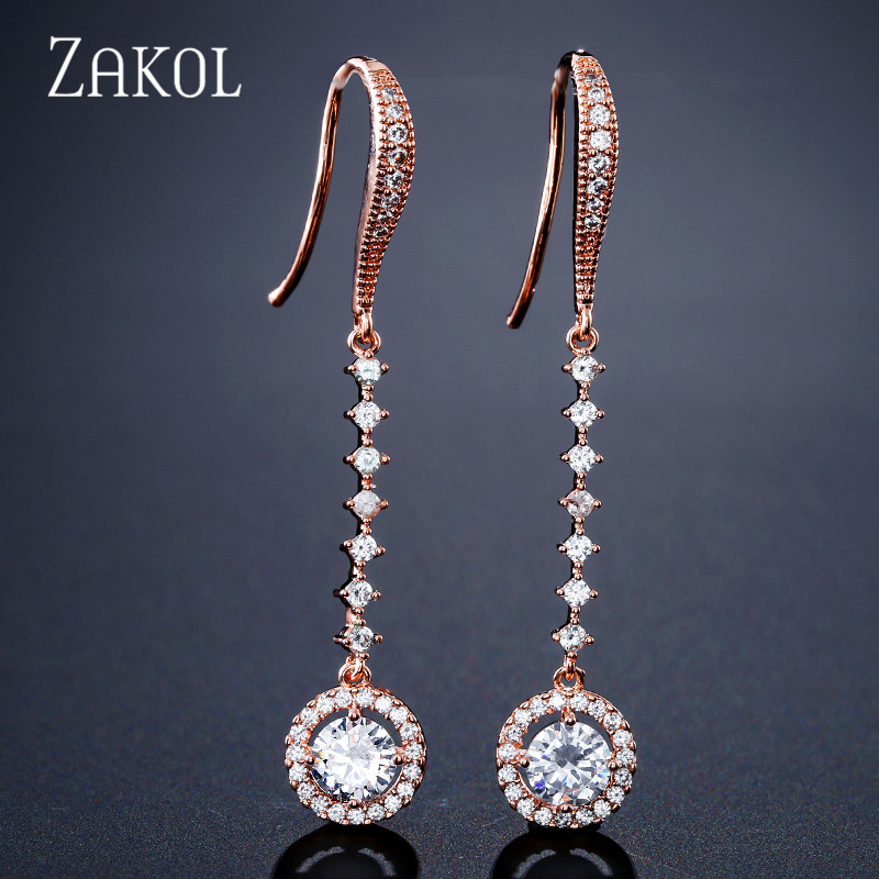 

ZAKOL Fashion Round Zircon Crystal Long Hook Earrings For Women Engagement Party Jewelry Boucle D'oreille Femme Bijoux FSEP2209