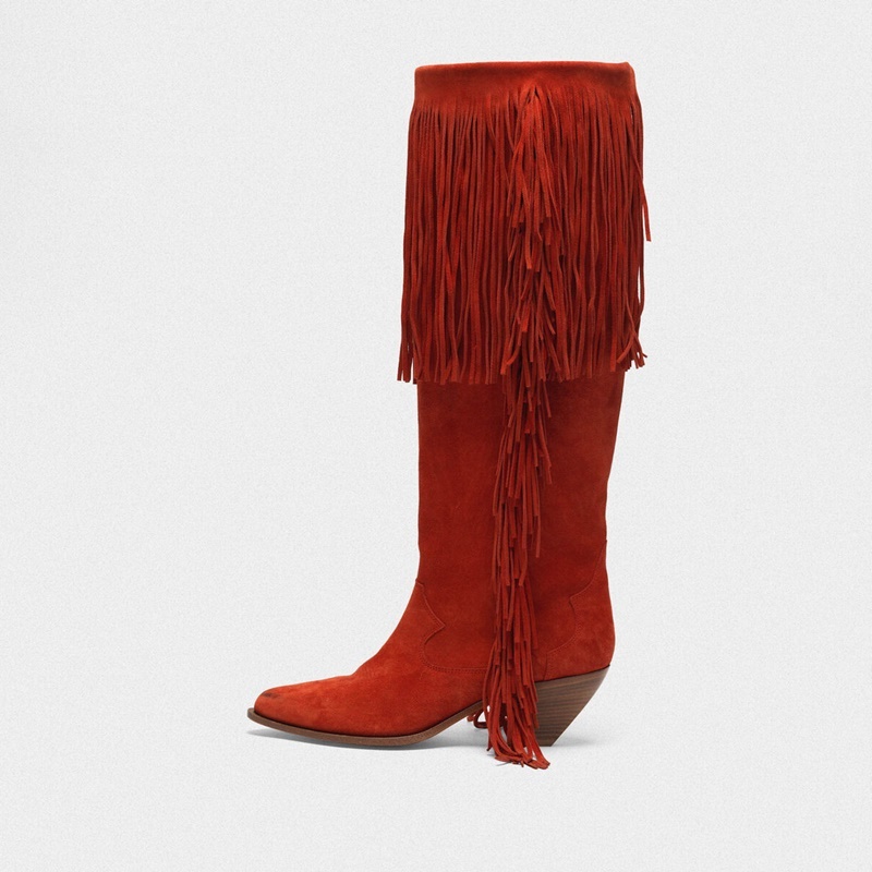 

Women Medium Heel Boots Sexy Red Rivet Knee High Winter Shoes Strange Style Heels Pointed Toe Cow Suede Tassel Boots Handmade