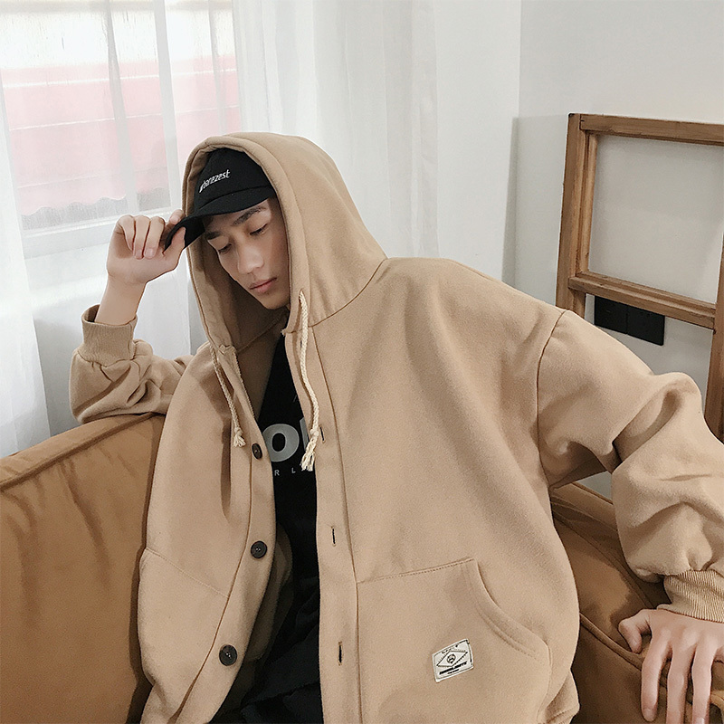 

Winter loose tide with cap INS jacket boys chic shoulder drop pure color hat jacket