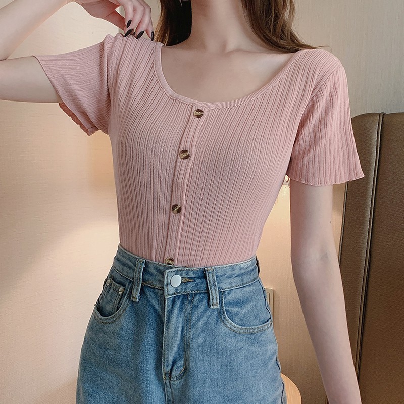 

Women's T Shirt Summer Short Sleeve Buttons Slim Fit Knitted T Shirt Korean Solid Color Female Tops, Green