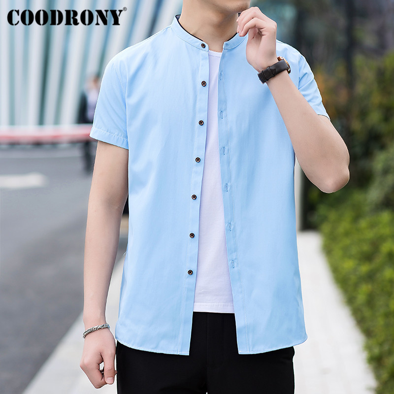 

COODRONY Chinese Style Mandarin Collar Short Sleeve Men Shirt Summer Cool Cotton Shirt Men Business Casual Shirts Camisa S96017 200925, White;black