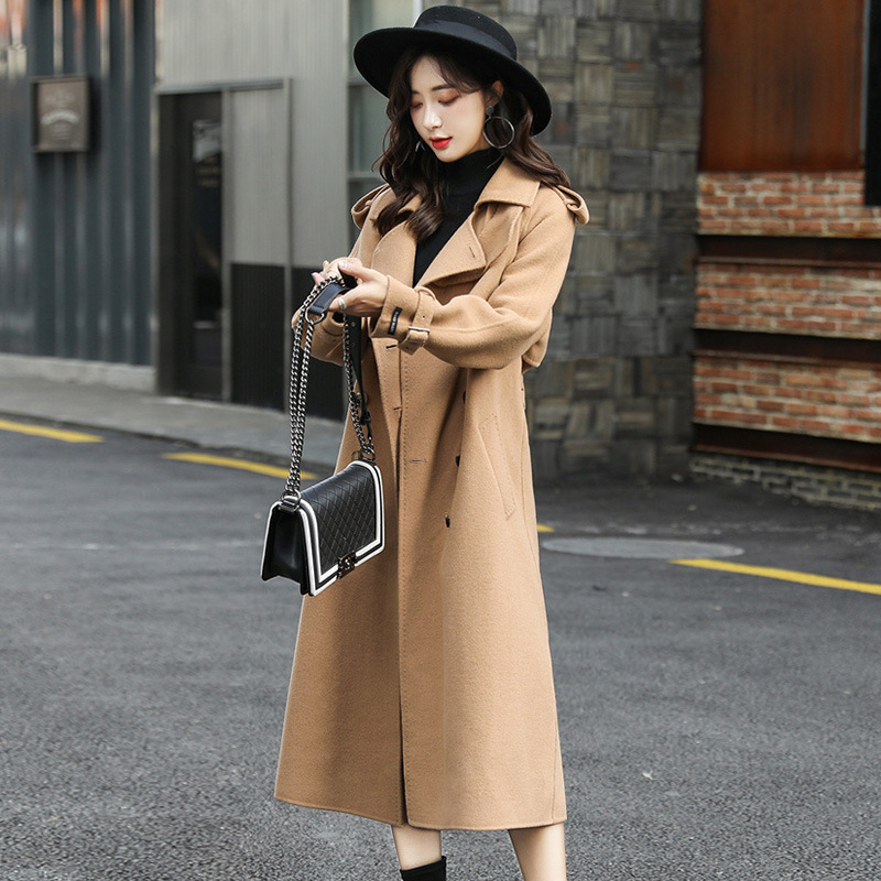 

2020 autumn and winter new woolen coat female long section Korean version of the slim slimming double-breasted, Black