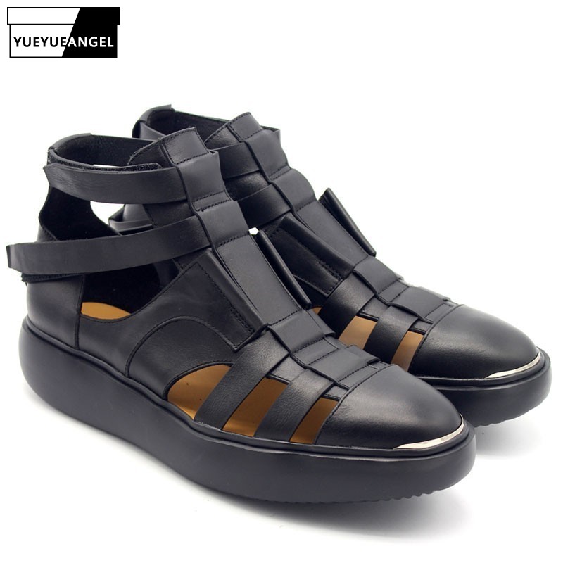 

2020 New Gothic Thick Platform Mens High Top Sandals Summer Straps Beach Hollow Sandals Handmade Genuine Leather Shoes Plus Size, Black