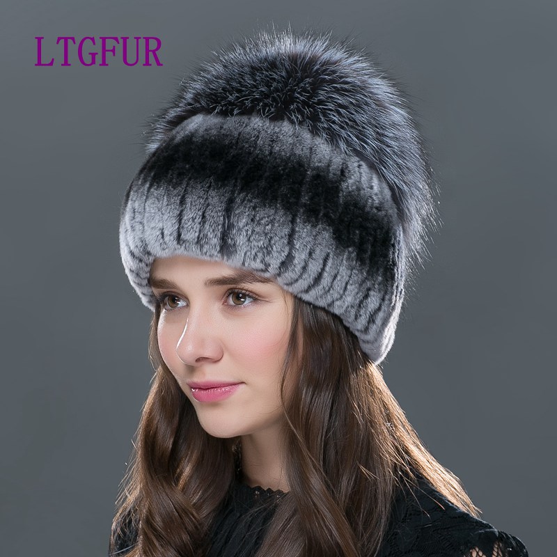 

LTG FUR 2020 new fashion women winter hat for with fur top female elastic knitted cap Winter women rex hat, Color 4