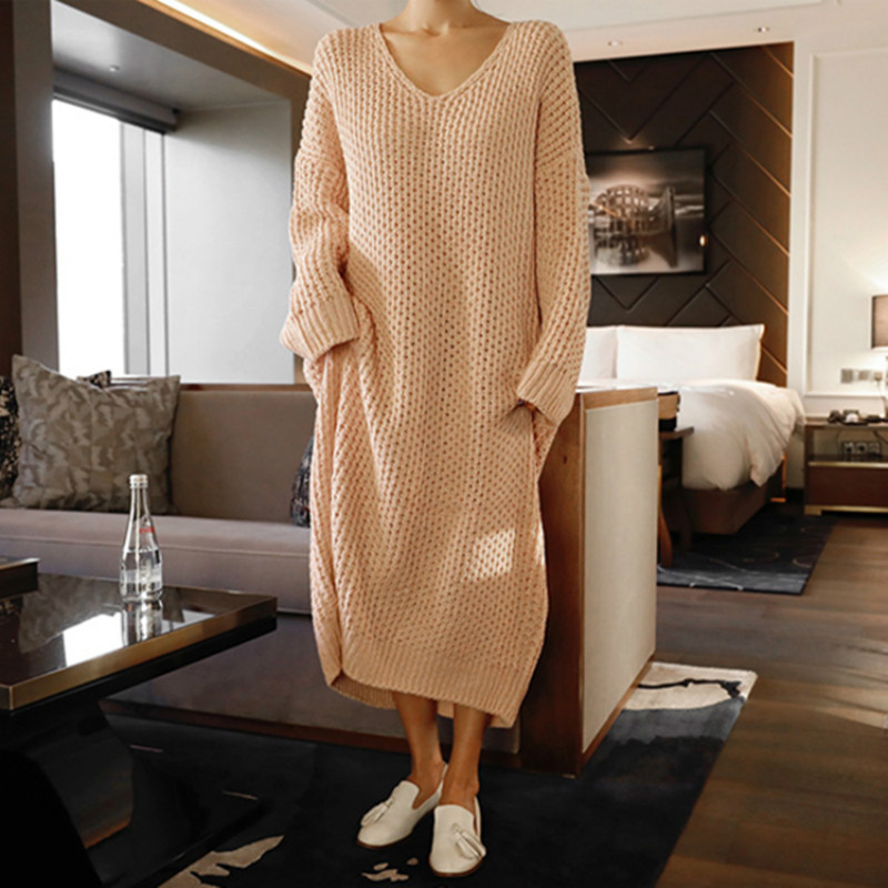 

New Vintage Warm Autumn Sweater Women Dress Winter Long Sweater Knitted Dresses Loose Oversize Lady Dresses Robe Vestidos, Blue