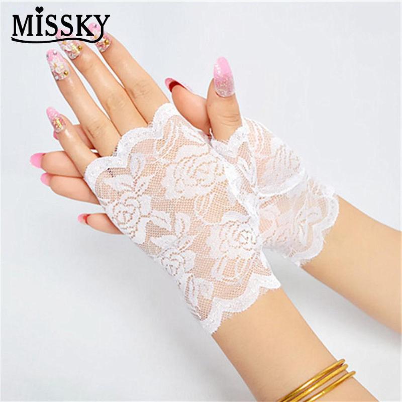 

MISSKY Free Shipping White Red Black Short Gloves Wrist Length Fingerless Lace Gloves Accessories