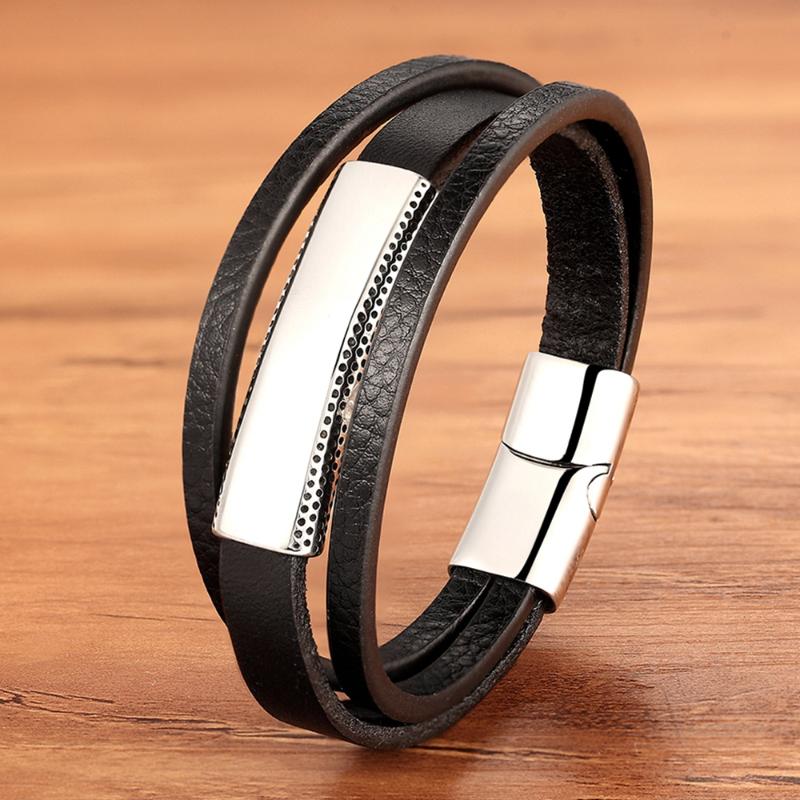 

TYO Wholesale Men Braided Stainless Steel Leather Bracelet armband Black Color with Magnetic Clasp Multilayer Elegant Bracelets