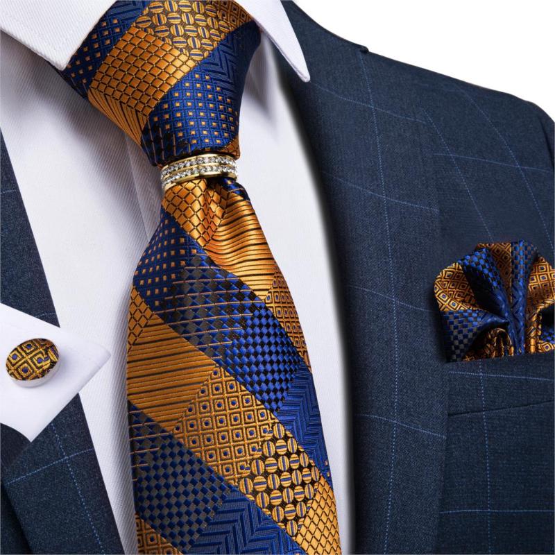 

DiBanGu Mens Silk Wedding Tie Gold Blue Striped Designer Fashion Necktie For Men Necktie Ring Hanky Cufflink Set Business Party