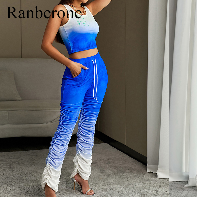 

Ranberone Sexy Sports Suit Women Gradient Yoga Set Tracksuit Gym Jogging Sportswear Running Vest Leggings Folds Fitness Suit, Grey