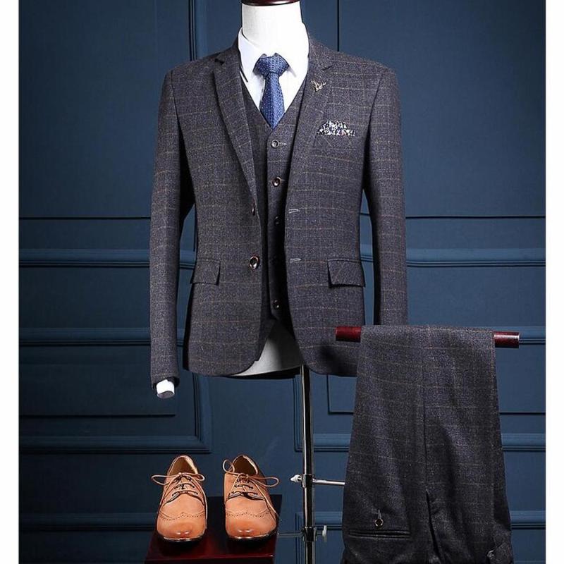

2020 Spring New Male Casual Suit Set Three Pieces Set Slim Fit British Business Formal Suits Tide Groom Wedding Plaid Suit, Gray