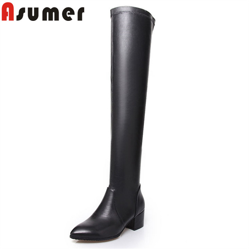 

ASUMER 2020 hot sale autumn boots pointed toe over the knee boots classic black thick heels PU+ genuine leather women