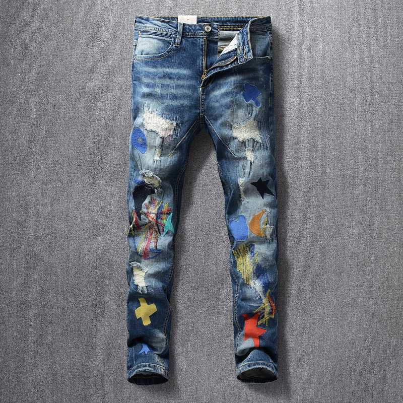 

American Streetwear Fashion Men Jeans Slim Fit Elastic Ripped Jeans Destroyed Patches Designer Hip Hop Pants Homme Punk Trousers, Black