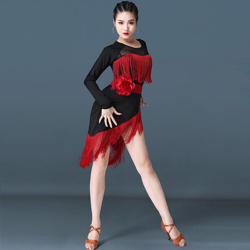 

Latin Dance Clothes Female Adult Fringe Latin Dress Black&Red Long Sleeved Dance Dress Practice Wear Rumba Costume VDB2259, Dress and belt