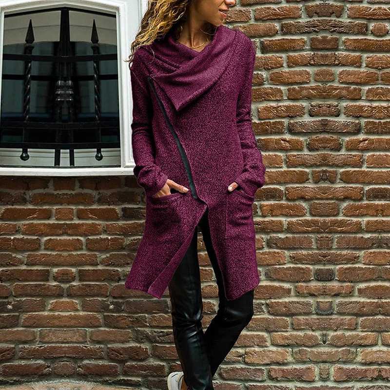 

Duzeala Irregular Women Zipper Coats Turn Down Collar Outwear Solid Casual Warm Pocket Thick Elegant Knitting Long Coat Femme, Purple