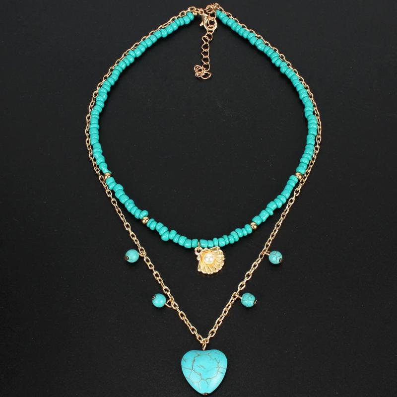 

Fashion Heart Pendant Necklace Bohemian Statement Two Layer Seed Bead Chains Heart Pendant Necklace For Women Gift