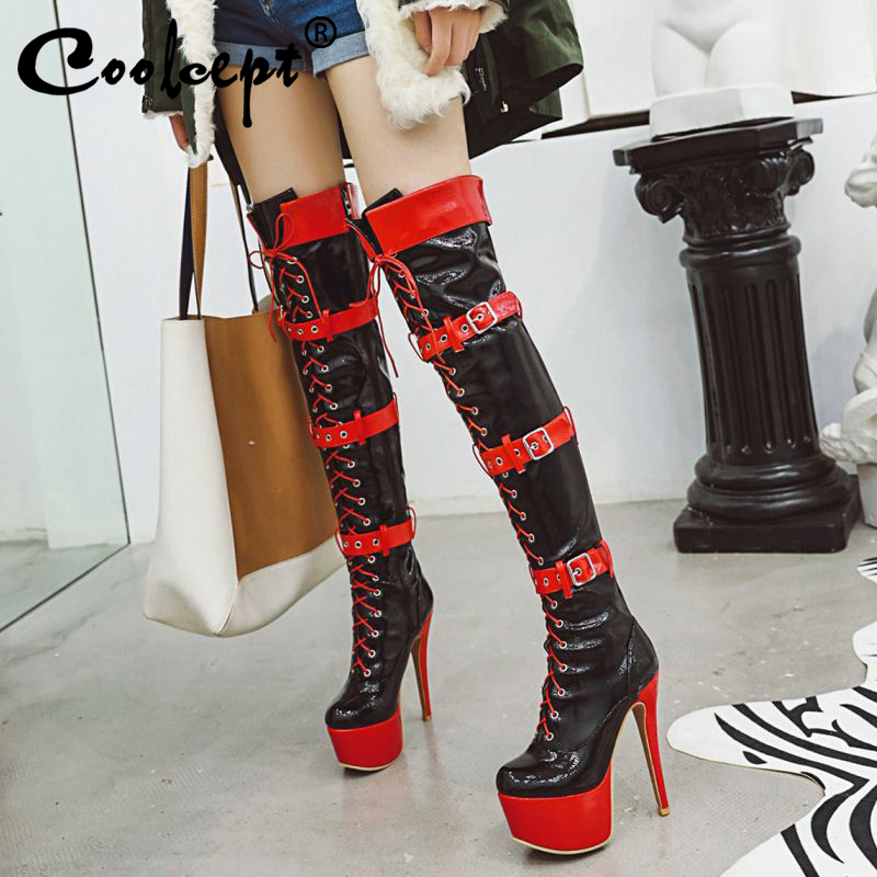 

Coolcept Plus Size 33-48 Thigh High Boots Women Cosplay High Heels 14cm Winter Shoes Women Lace Up Zipper Platform Boots, Black