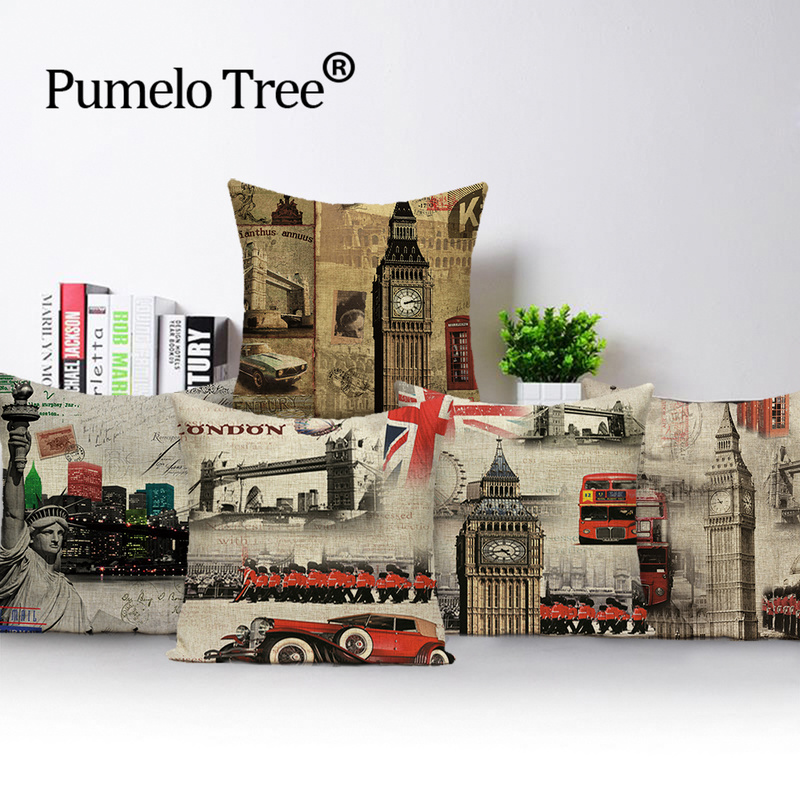 

London Vintage Cushion Covers Tower Big Ben Pillow Case Outdoor Linen Home Decor Kussens Woondecoratie Lumbar Pillows Cover, 19581