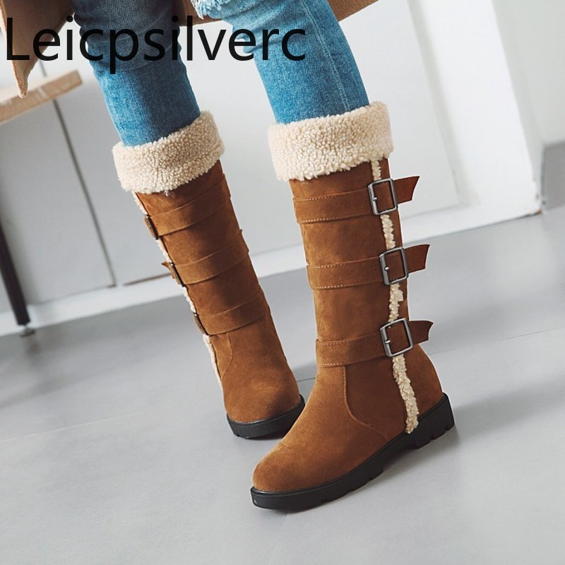 

Women's Boots Autumn And Winter The New Round head belt buckle Comfortable Low-heeled Middle tube Women's shoes plus size 33-44, Beige