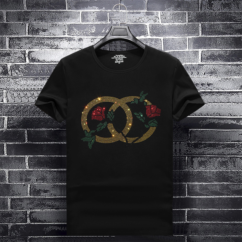 

Fashion brand hot diamond short-sleeved T-shirt men's fat plus plus size men's loose internet celebrity social spirit guy half sleeve, White