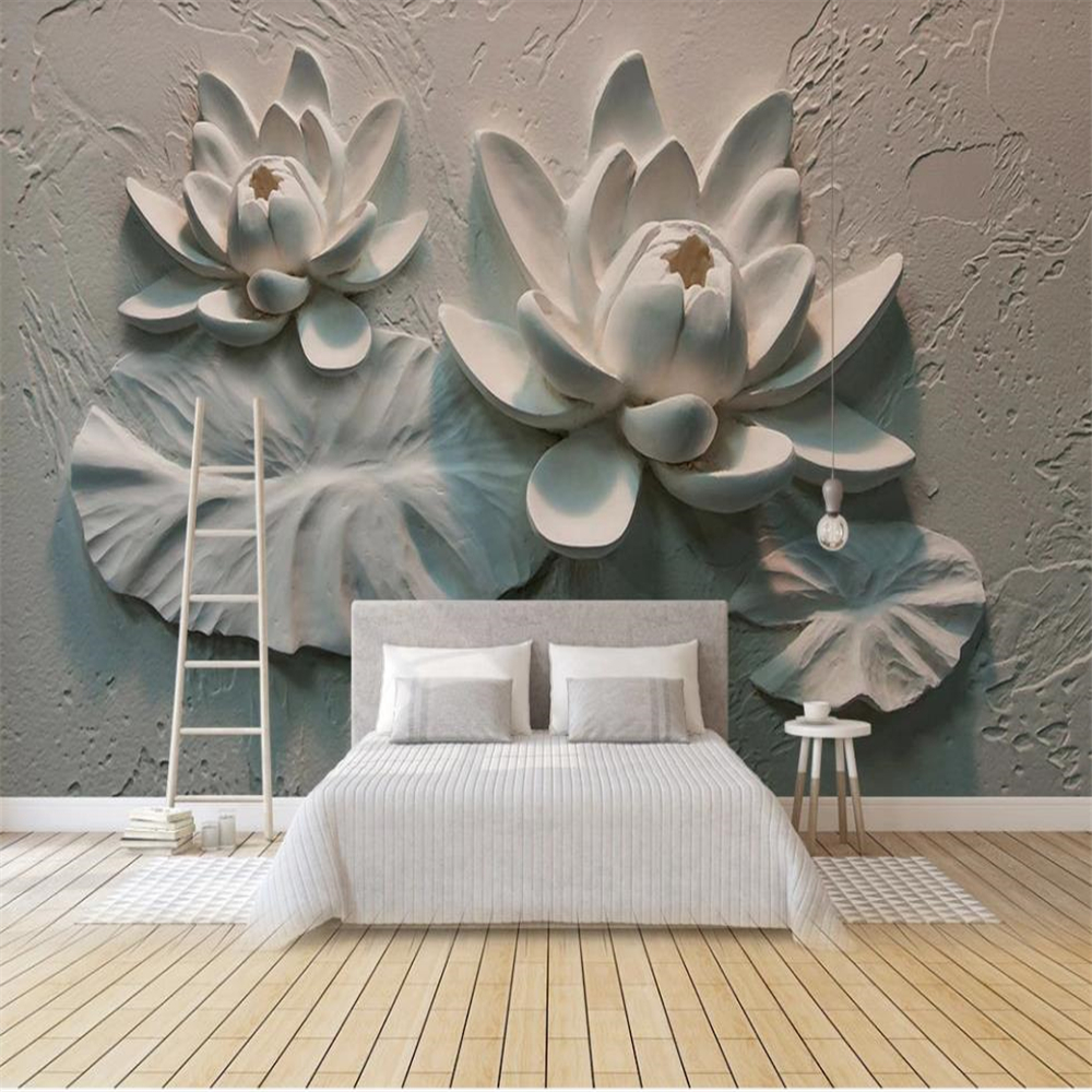 

modern wallpaper for living room 3D three-dimensional relief lotus wallpapers background wall decoration painting, Grey