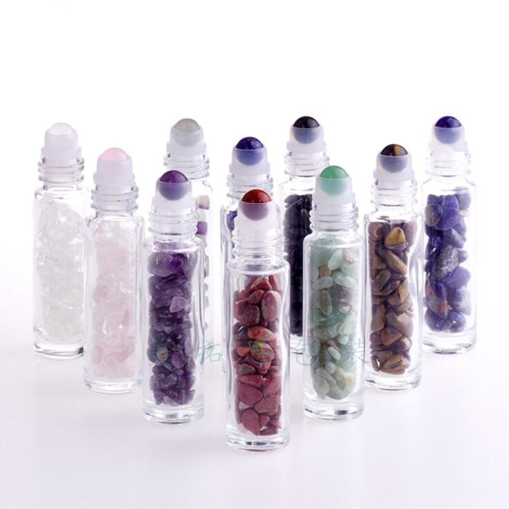 

Essential Oil Diffuser 10ml Clear Glass Roll on Perfume Bottles with Crushed Natural Crystal Quartz Stone Crystal Roller Ball LXL1451
