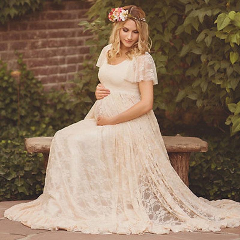 

Dress Long Maxi Maternity Dresses For Photo Shoot Lace Pregnancy Dresses Maternity Photography Props Clothes For Pregnant Women, Beige