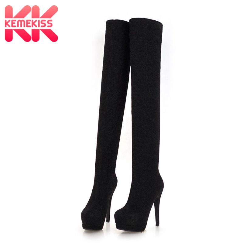 

KemeKiss Thigh High Boots Women Bling Cloth Casual Stretch Shoes Women Thin Heels Winter Warm Platform Footwear Size 32-43, Black