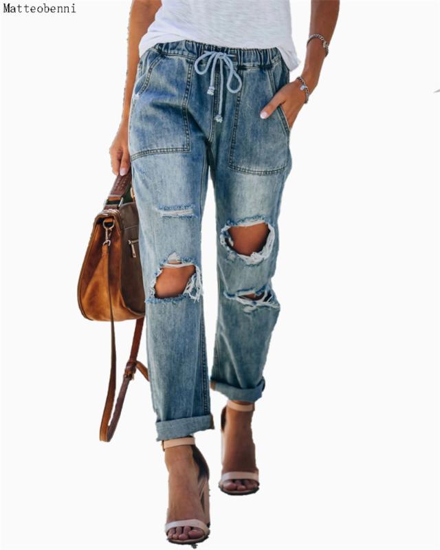

2020 latest style ladies sexy fashion women' summer waist high strappy pants jeans ruined torn cool slim pants jeans blue, Light blue