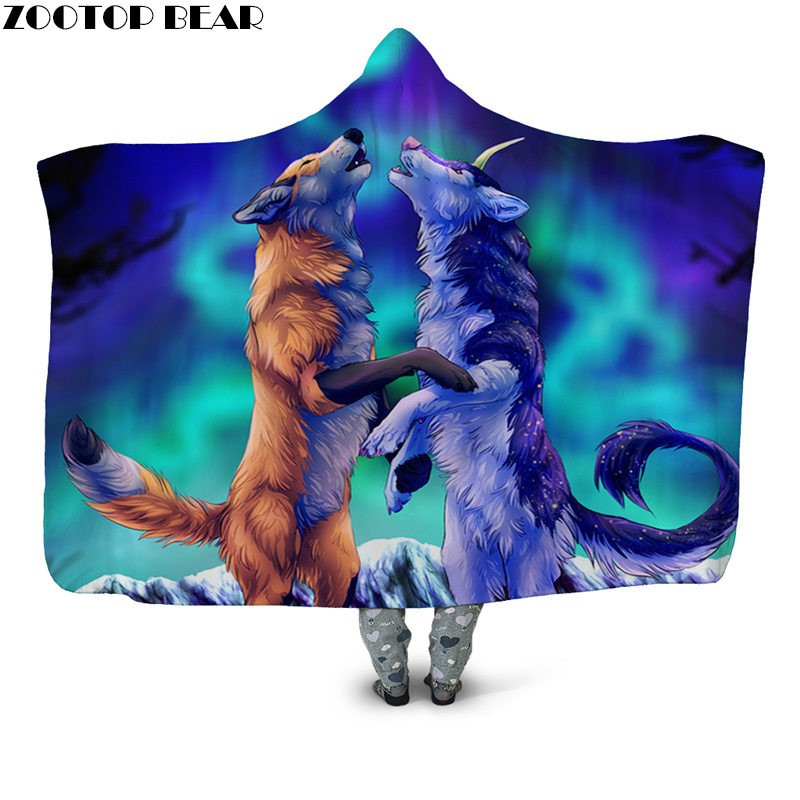 

Wolf Anime 3D Print Hooded Blanket Youth Fashion Casual Sofa Office Bedspread Fleece Throw Blanket Popular Wearable
