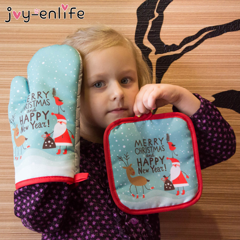 

2Pcs/set Merry Christmas Baking Anti-Hot Gloves Pad Oven Kids Christmas Gift Baking Props New Year 2021 Decoration