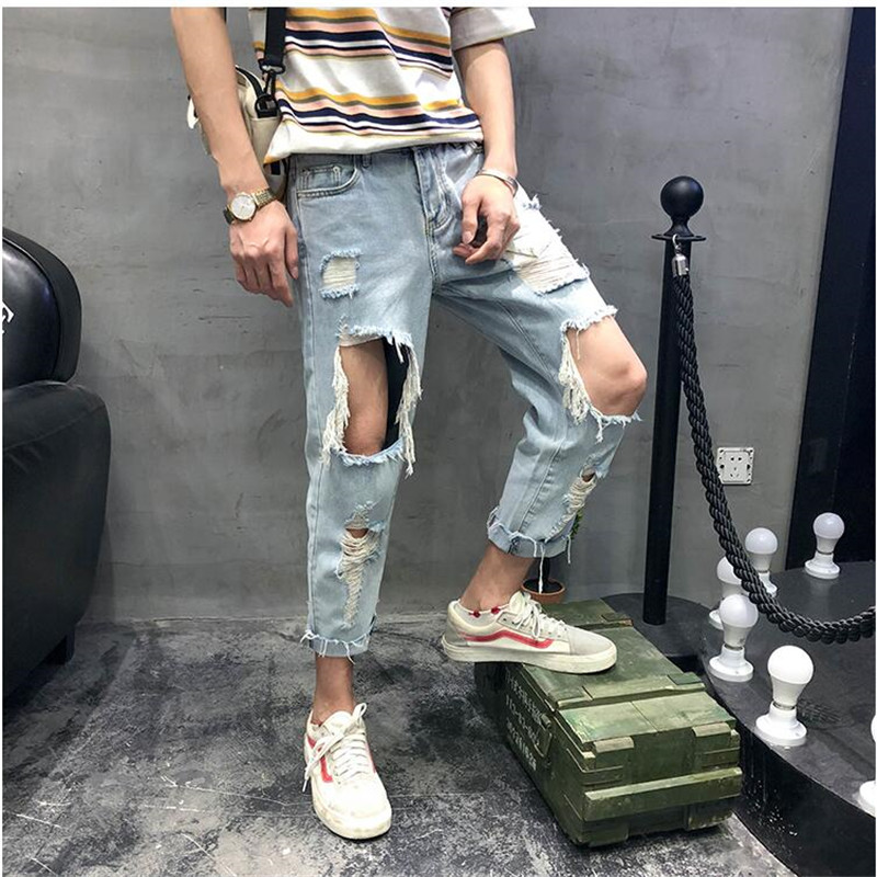 

Men Jeans Slim Fit Ripped Hole Denim Cotton Jean Pants Blue  33 32 31 30 29 28 Rolled Hem, Blue ripped jean man