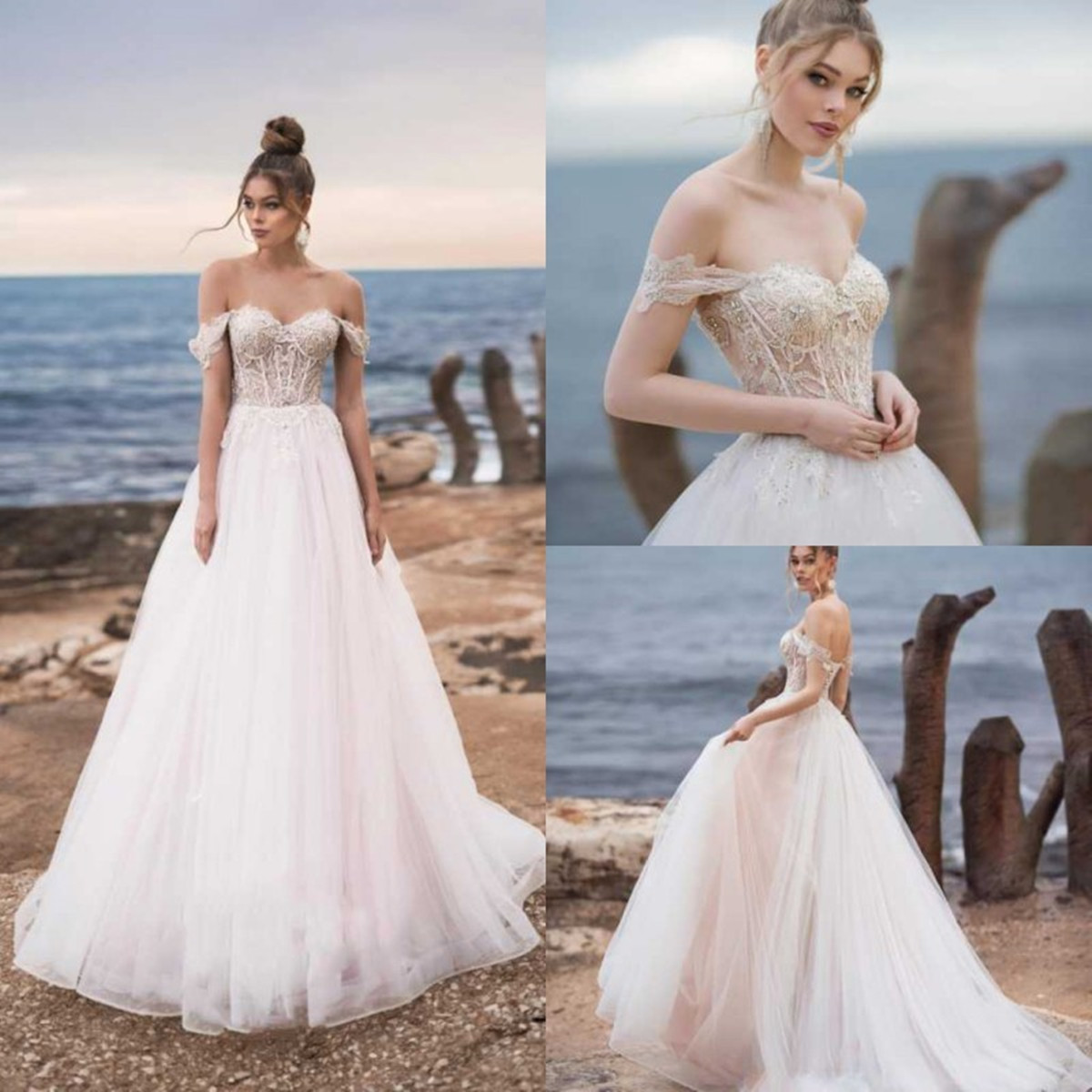 

Naviblue 2021 Wedding Dresses Off Shoulder Lace Appliques Beads Bridal Gowns Custom Made Lace-up Back Sweep Train A-Line Wedding Dress, Silver