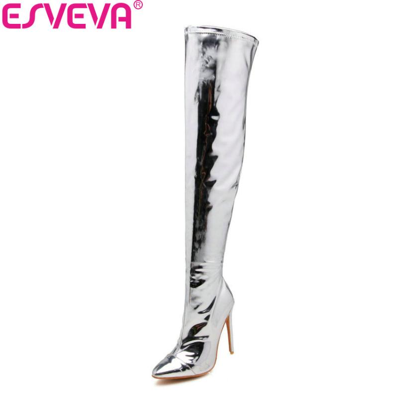

ESVEVA 2020 Women Boots Patent Leather Over The Knee Boots Zipper Winter Shoes Pointed Toe Thin High Heel Shoes Woman Size 34-43, Silver