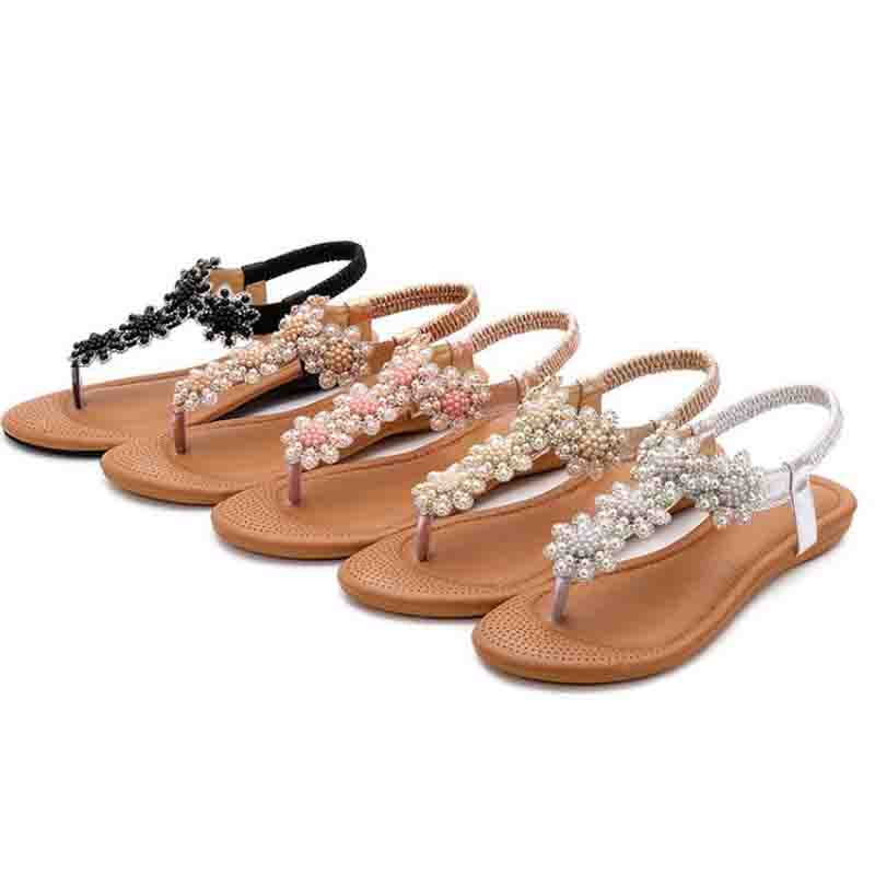 

New Bohemian sandals summer diamond string pearl ethnic flat sandals pinch herringbone ladies fashion shoes, Red