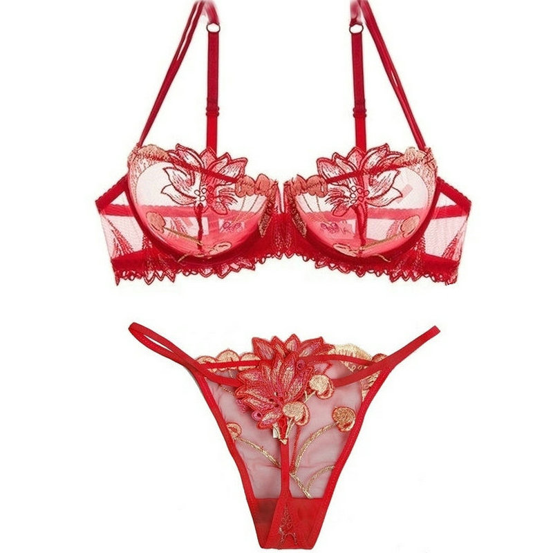

Sexy Thong Lace Push Up Bra Set Women Underwear Sets Intimates Embroidery Floral White Bra Brief Sets Thong Lingerie Set, Red g-string bra set