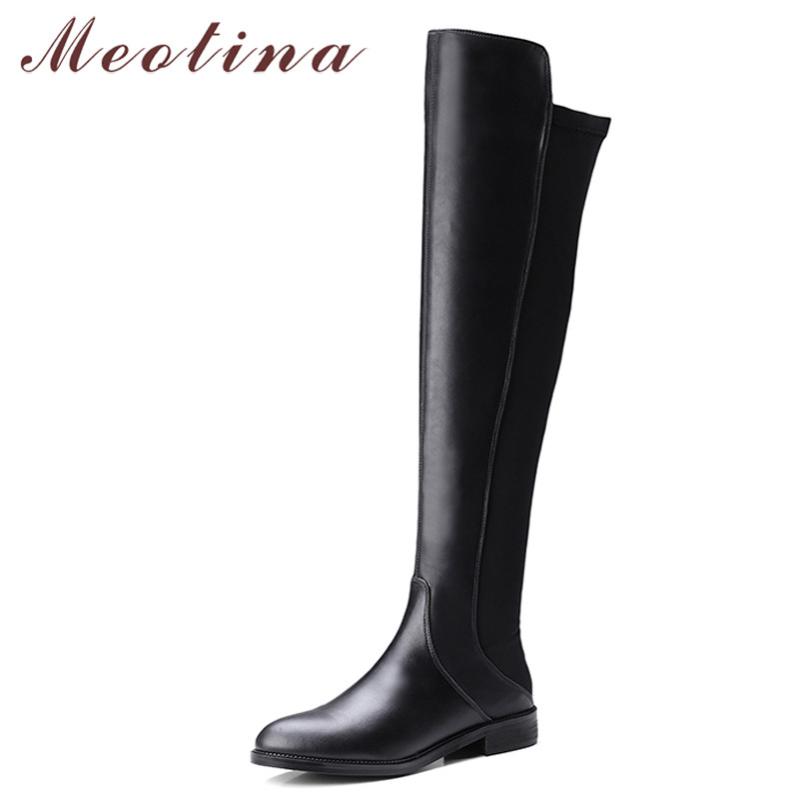 

Meotina Winter Thigh High Boots Women Natural Genuine Leather Thick Heel Over The Knee Boots Slim Stretch Zipper Shoes Ladies 39, Black