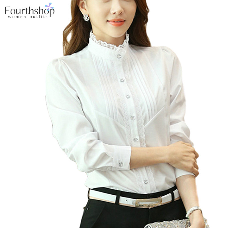 

Lace patchwork white tops and blouses female 2020 new long sleeve shirts women elegant office lady formal shirt plus size